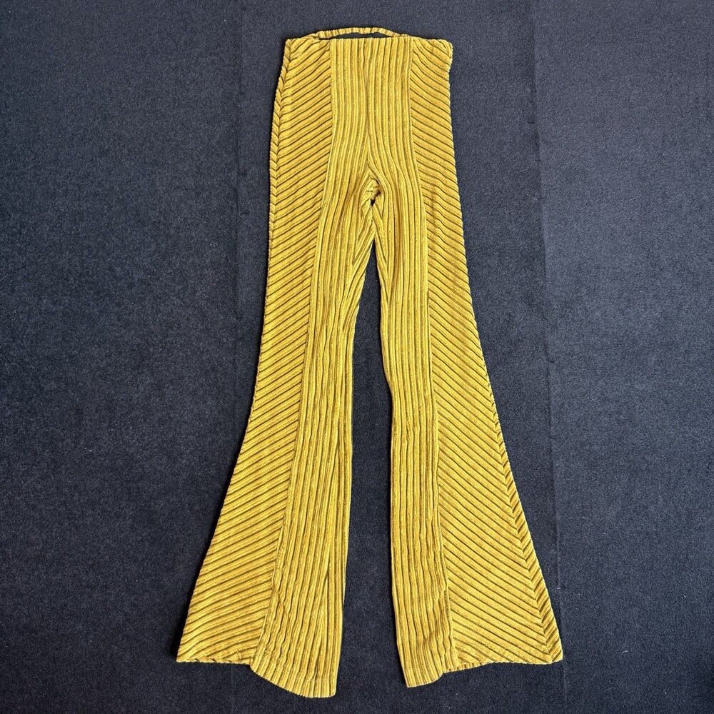 Free People So Charming Velvet Flare Pants XS Mustard Ribbed Bell Bottom FLAW